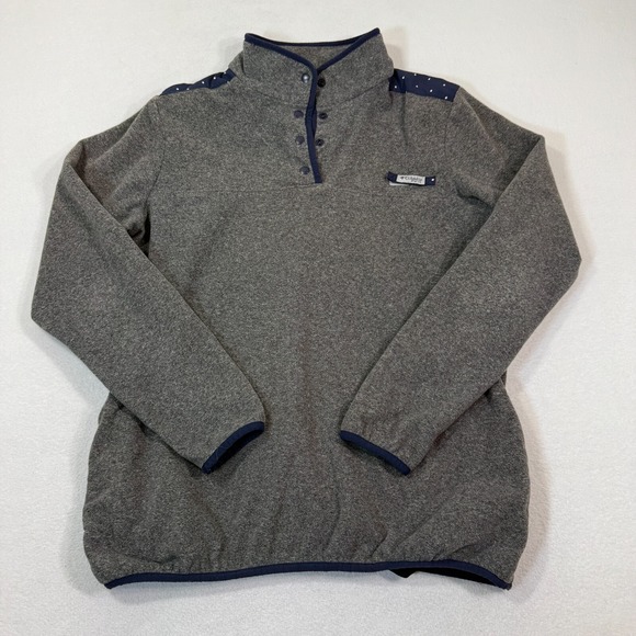 Columbia PFG Sweatshirt Women XL‎ Gray Fleece Pullover Navy White Polka Dot Trim - Picture 1 of 10